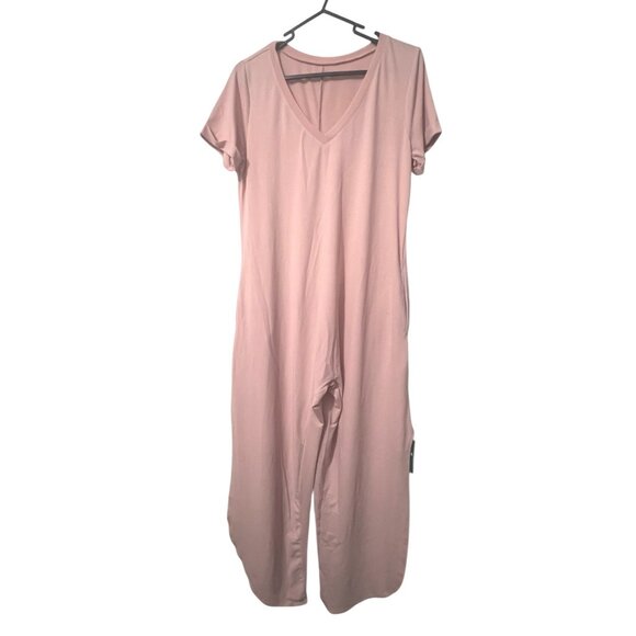 Halara V Neck Casual Flowy Short Sleeve Slit Leg Jumpsuit Romper Sz XS Womens Pi - Picture 1 of 9